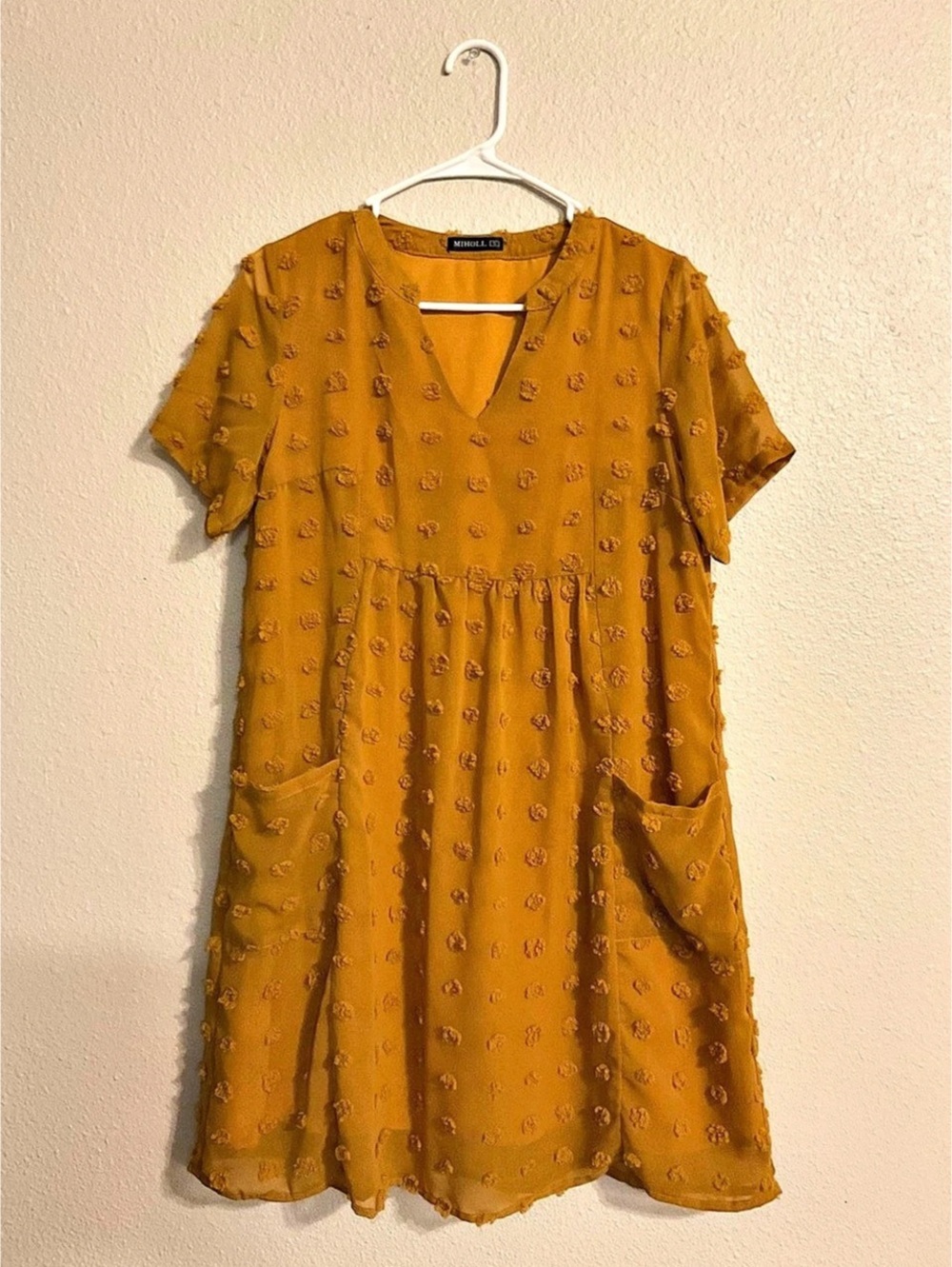 MIHOLL Swiss Dot Short Sleeve V-Neck Babydoll Dress with Pockets V-Neck Babydoll